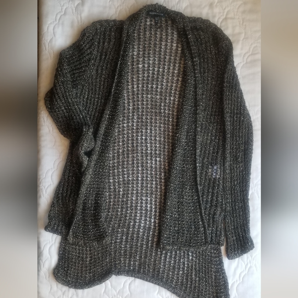 Eileen Fisher Loose Knit Hi-Lo Cardigan with Metalic Detail